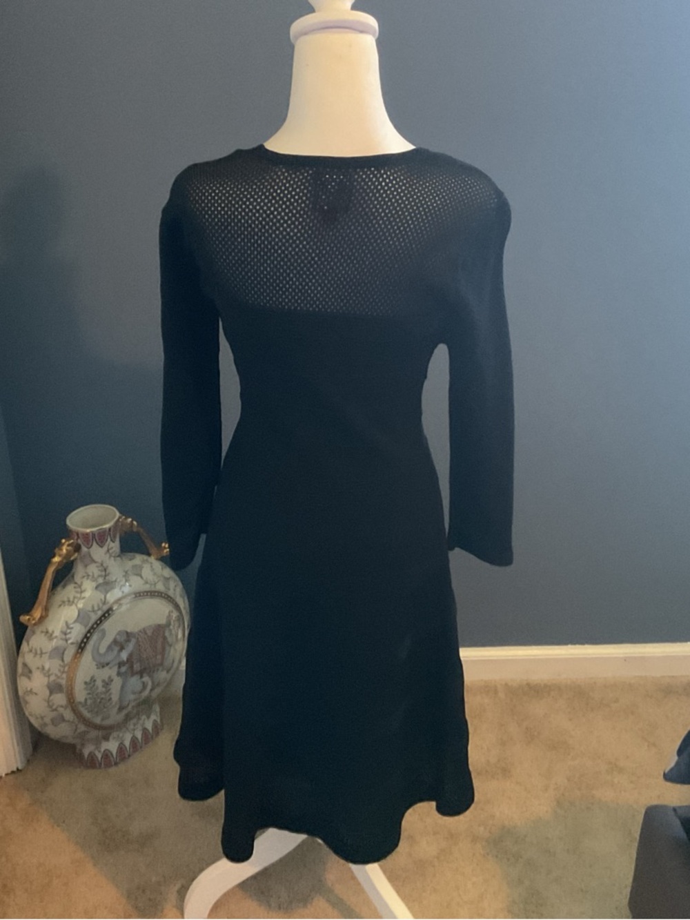 Vince Camuto Black Long-Sleeve Mesh Yoke A-Line Dress - Picture 2 of 6